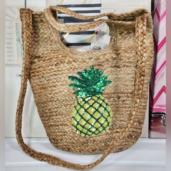 NWT Jute Sequinned Pineapple Medium Tote Crossbody Bag - Picture 1 of 11